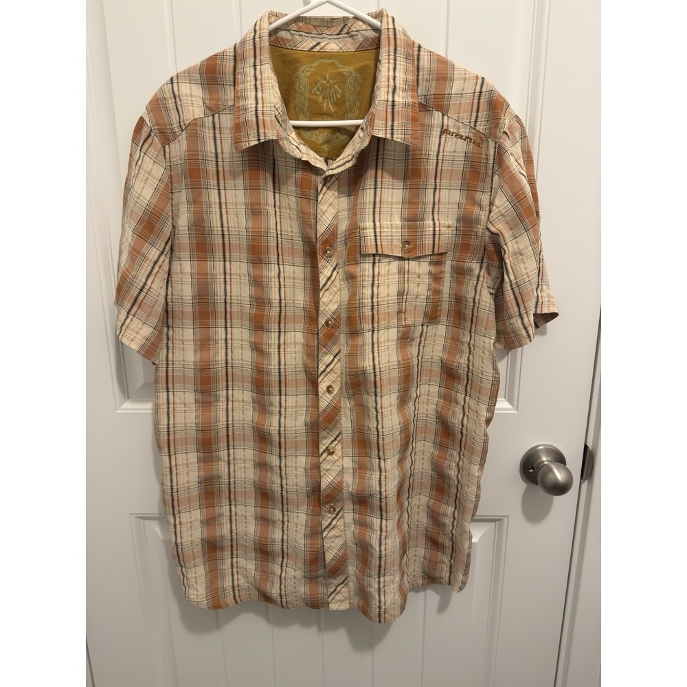 Prana Men's Shirt‎ Brown Plaid Short Sleeve Size XL